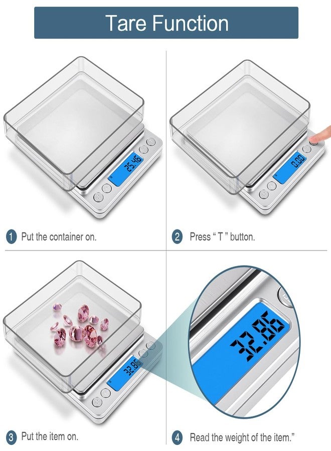 Ankilo Digital Kitchen Scale 500g/0.1g, High Accuracy Mini Pocket Scale for Cooking, Baking, Jewelry, Coffee, Powder, Food Scale with Backlit LCD Display, Tare, PCS, 6 Units, 2 Trays, Stainless Steel - Image 4