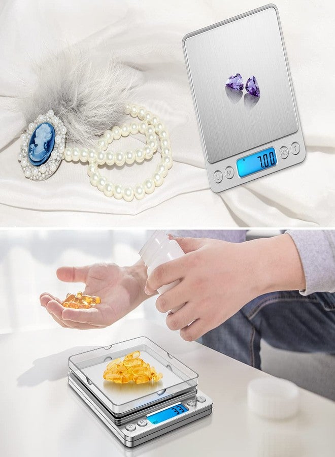 Ankilo Digital Kitchen Scale 500g/0.1g, High Accuracy Mini Pocket Scale for Cooking, Baking, Jewelry, Coffee, Powder, Food Scale with Backlit LCD Display, Tare, PCS, 6 Units, 2 Trays, Stainless Steel - Image 2