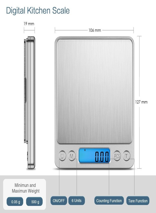 Ankilo Digital Kitchen Scale 500g/0.1g, High Accuracy Mini Pocket Scale for Cooking, Baking, Jewelry, Coffee, Powder, Food Scale with Backlit LCD Display, Tare, PCS, 6 Units, 2 Trays, Stainless Steel - Image 5