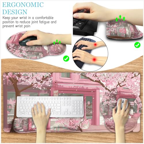LIMKRIAN Anime Cat Mouse Pad Set, XXL Gaming Mouse Pad with Wrist Rest, Keyboard Mat, Cat Coaster, Cute Office Desk Decor Accessories, Pink Lycra - Image 5