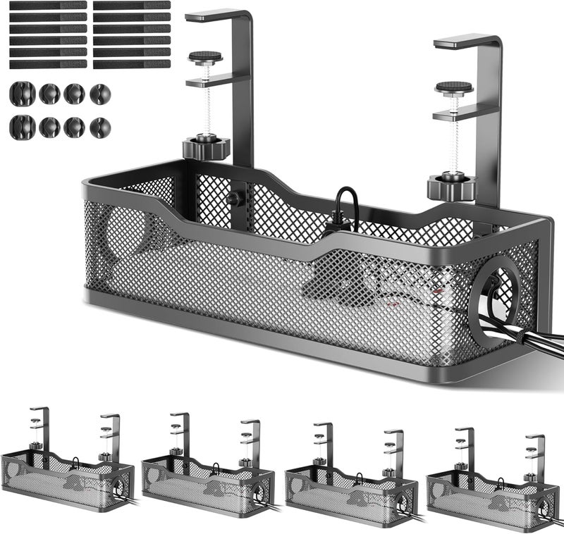 Cinati 4 Pack Under Desk Cable Management Box Black, 53.6" Wire Organizers No Drill, Cord Organization Tray with Clamp for Office, Home - No Damage to Desk - Image 1