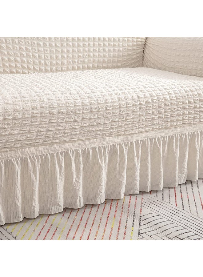 Universal Sofa Slipcover with Skirt, Washable High Elastic Seersucker Fabric, White, 2-Seater - Image 2