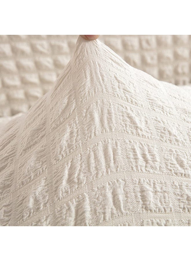 Universal Sofa Slipcover with Skirt, Washable High Elastic Seersucker Fabric, White, 2-Seater - Image 3