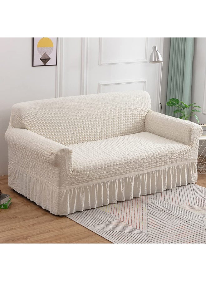 Universal Sofa Slipcover with Skirt, Washable High Elastic Seersucker Fabric, White, 2-Seater - Image 4