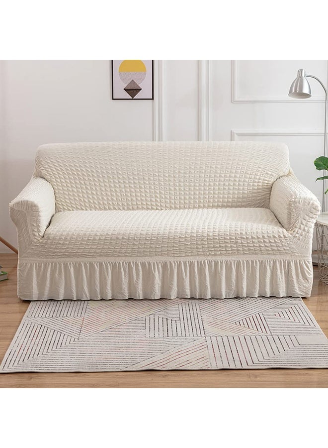Universal Sofa Slipcover with Skirt, Washable High Elastic Seersucker Fabric, White, 2-Seater - Image 1