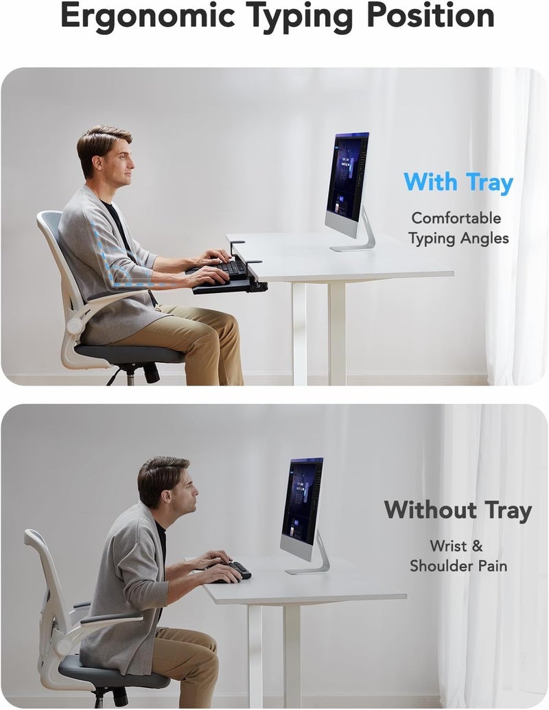 HUANUO Keyboard Tray Under Desk, Pull Out Keyboard Tray with C Clamp Mount, 26.5â€³ W x 11.8â€³ D Slide Out Computer Keyboard Drawer Mouse Tray for Typing, Black - Image 3