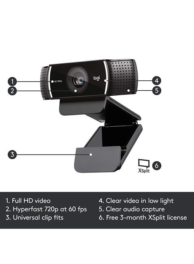 لوجيتيك كاميرا ويب C922 Pro Stream، HD 1080p/30fps أو HD 720p/60fps بث فائق السرعة، صوت ستيريو، تصحيح الضوء عالي الدقة، تركيز تلقائي، لليوتيوب، Twitch، XSplit، الكمبيوتر الشخصي/Mac/الكمبيوتر المحمول/Macbook/الكمبيوتر اللوحي أسود أسود - Image 5
