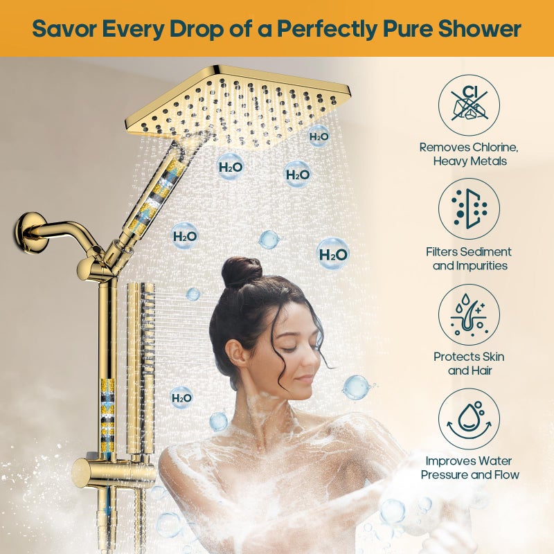 Hombeter Filtered Shower Head with Handheld Spray Combo High Pressure Rain Shower Head Dual Shower Head with Filters - Removes Chlorine Height Adjustable & Built-in Power Wash (Gold) - Image 2
