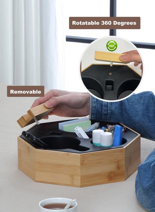 Hitseon Couch Cup Holder Tray, Octagonal Silicone Bamboo Sofa Cup Holder with Rotatable Phone Holder for Bed Sofa Organizer, Waterproof Anti-spill Couch Caddy for Snacks Beverage Remote (Gray) - Image 2