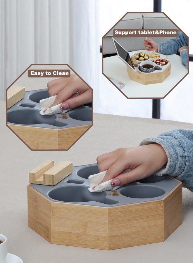 Hitseon Couch Cup Holder Tray, Octagonal Silicone Bamboo Sofa Cup Holder with Rotatable Phone Holder for Bed Sofa Organizer, Waterproof Anti-spill Couch Caddy for Snacks Beverage Remote (Gray) - Image 4