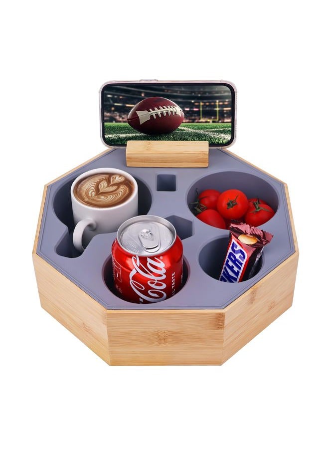 Hitseon Couch Cup Holder Tray, Octagonal Silicone Bamboo Sofa Cup Holder with Rotatable Phone Holder for Bed Sofa Organizer, Waterproof Anti-spill Couch Caddy for Snacks Beverage Remote (Gray) - Image 1