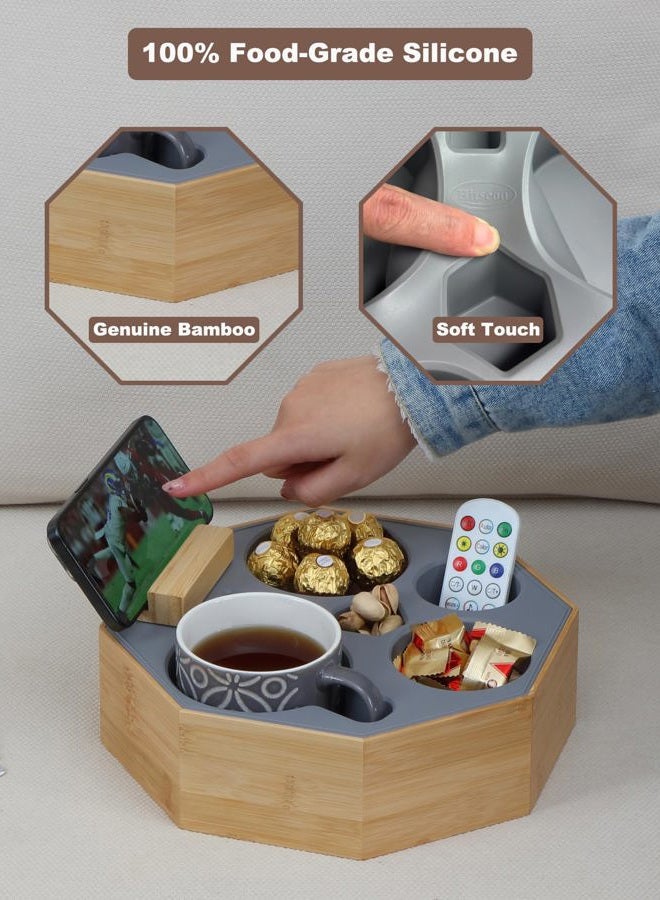 Hitseon Couch Cup Holder Tray, Octagonal Silicone Bamboo Sofa Cup Holder with Rotatable Phone Holder for Bed Sofa Organizer, Waterproof Anti-spill Couch Caddy for Snacks Beverage Remote (Gray) - Image 3