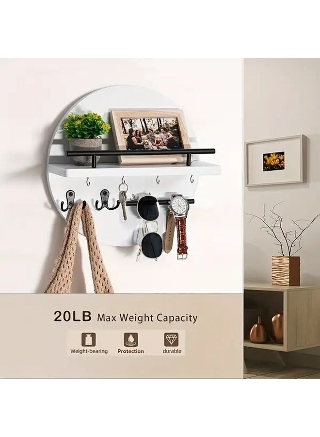 White Rustic Metal Wall Key Holder With Shelf Hooks Circular Entryway Organizer - Image 3