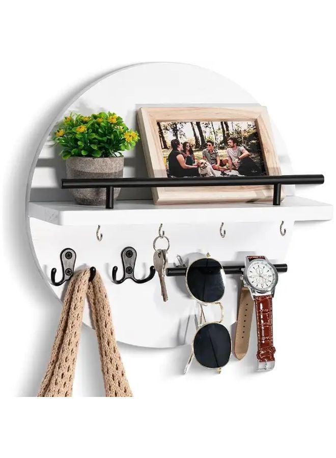 White Rustic Metal Wall Key Holder With Shelf Hooks Circular Entryway Organizer - Image 2