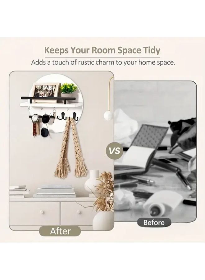 White Rustic Metal Wall Key Holder With Shelf Hooks Circular Entryway Organizer - Image 5
