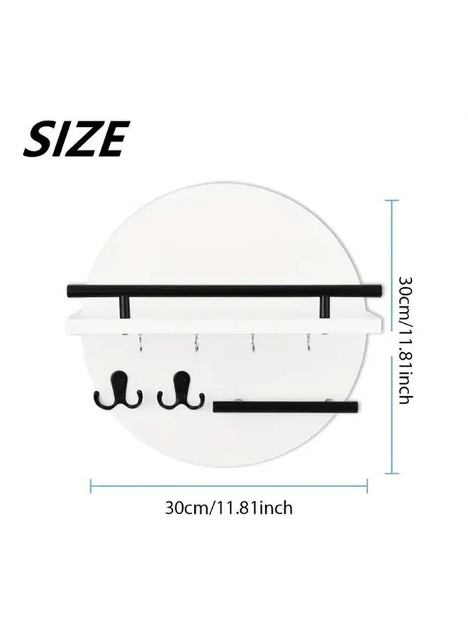 White Rustic Metal Wall Key Holder With Shelf Hooks Circular Entryway Organizer - Image 4