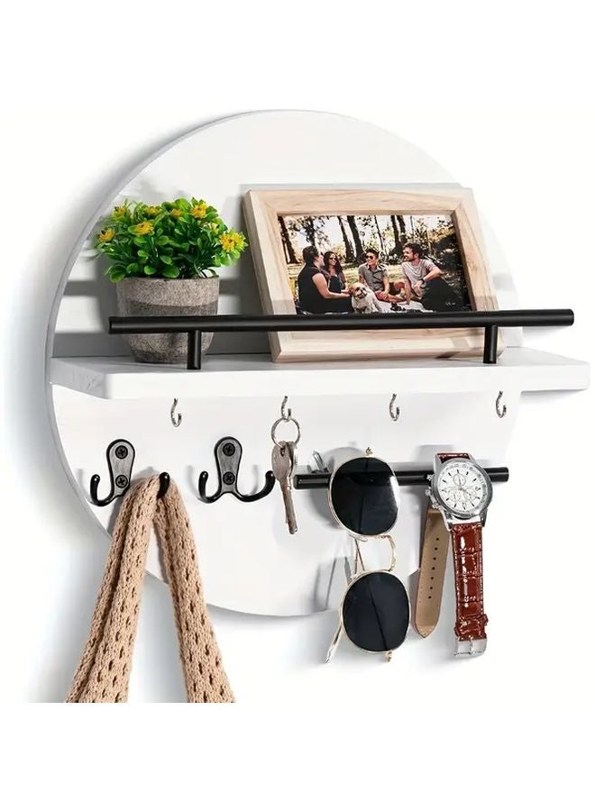 White Rustic Metal Wall Key Holder With Shelf Hooks Circular Entryway Organizer - Image 1