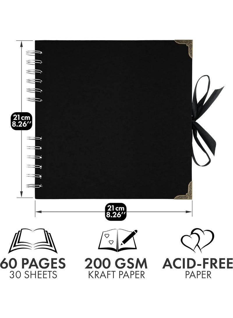 YelaJoy Scrapbook Album 60 Pages (8 X 8 Inch) Black Thick 250gsm Kraft Paper, Corner Protectors - Scrap Book, Ribbon Closure - Ideal for Your Scrapbooking Albums, Art & Craft Project - Image 3