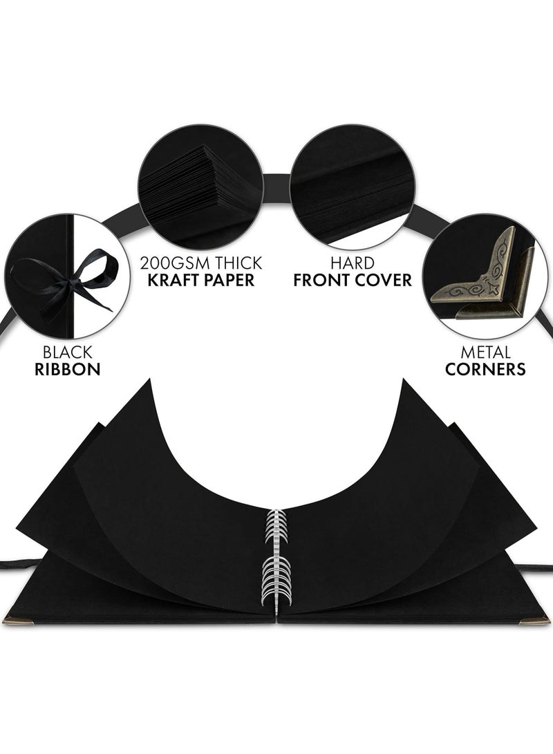 YelaJoy Scrapbook Album 60 Pages (8 X 8 Inch) Black Thick 250gsm Kraft Paper, Corner Protectors - Scrap Book, Ribbon Closure - Ideal for Your Scrapbooking Albums, Art & Craft Project - Image 2