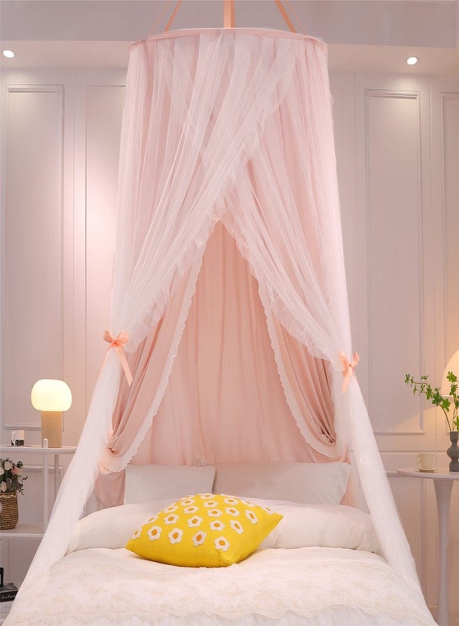 VETHIN Double Layer Princess Round Dome Canopy Bed Curtain for Girls Adults,Children Dreamy Mosquito Net,Cute Bedroom Decoration Castle Play Tent Reading Nook Canopies(Dome-Pink/White) - Image 5