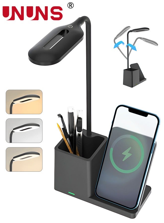UNUNS Desk Lamp With Wireless Charger,LED Desk Lamp With Pen Holder,Rechargeable Desk Light With Flexible Gooseneck,3 Color Modes,Eye Caring,Small Study Lamp For Dorm,Bedroom - Image 1