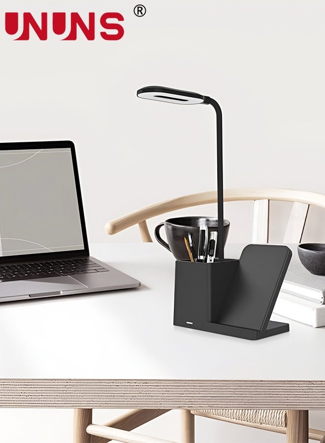 UNUNS Desk Lamp With Wireless Charger,LED Desk Lamp With Pen Holder,Rechargeable Desk Light With Flexible Gooseneck,3 Color Modes,Eye Caring,Small Study Lamp For Dorm,Bedroom - Image 2