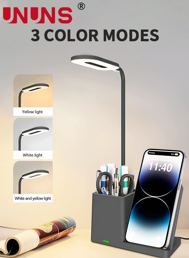 UNUNS Desk Lamp With Wireless Charger,LED Desk Lamp With Pen Holder,Rechargeable Desk Light With Flexible Gooseneck,3 Color Modes,Eye Caring,Small Study Lamp For Dorm,Bedroom - Image 3