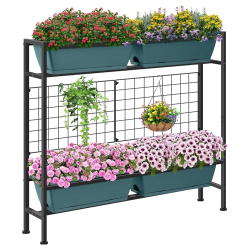 CADUKE Raised Planter Box with Legs, 32" Elevated Vegetable Garden Beds, Raised Garden Bed with Drainage Holes & Trellis, Herb Garden Planter Outdoor for Vegetables, Balcony, Patio, Green - Image 1