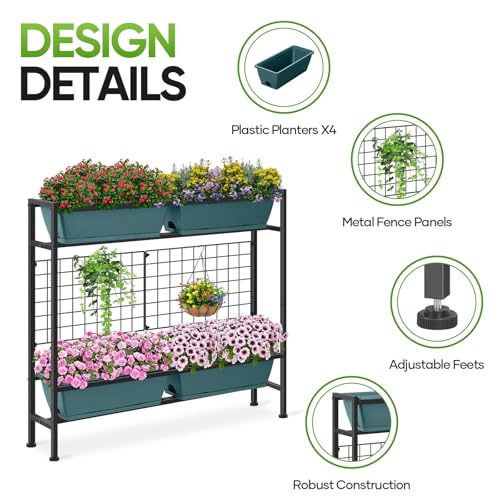 CADUKE Raised Planter Box with Legs, 32" Elevated Vegetable Garden Beds, Raised Garden Bed with Drainage Holes & Trellis, Herb Garden Planter Outdoor for Vegetables, Balcony, Patio, Green - Image 3