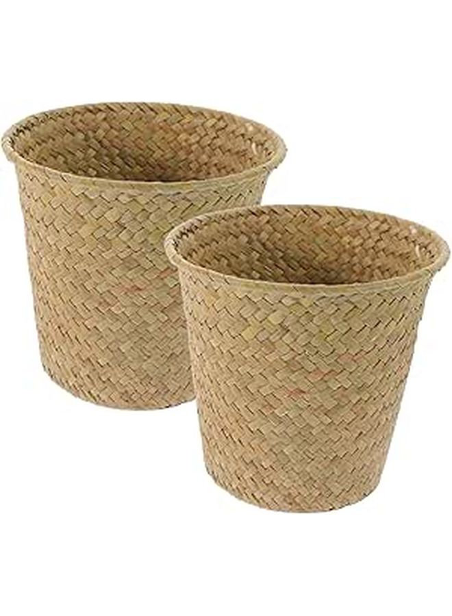 Hand Woven Rattan Flower Basket Planter Boho Decor Nursery Storage 2 Pack Brown - Image 1