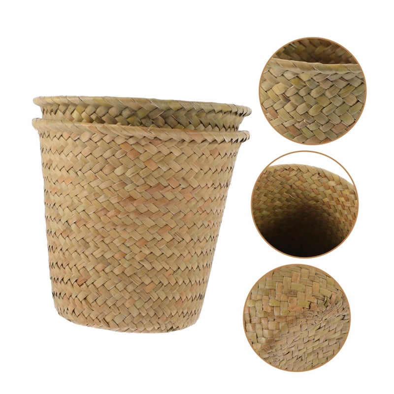 Hand Woven Rattan Flower Basket Planter Boho Decor Nursery Storage 2 Pack Brown - Image 4