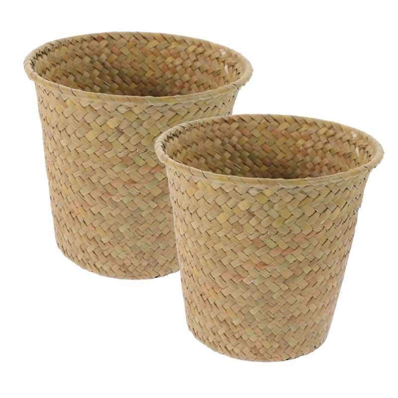 Hand Woven Rattan Flower Basket Planter Boho Decor Nursery Storage 2 Pack Brown - Image 2