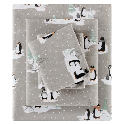 Sleep Philosophy True North by Sleep Philosophy Cozy Flannel 100 Cotton Ultra Soft Cold Weather Sheet Set Bedding Grey Penguins King - Image 1