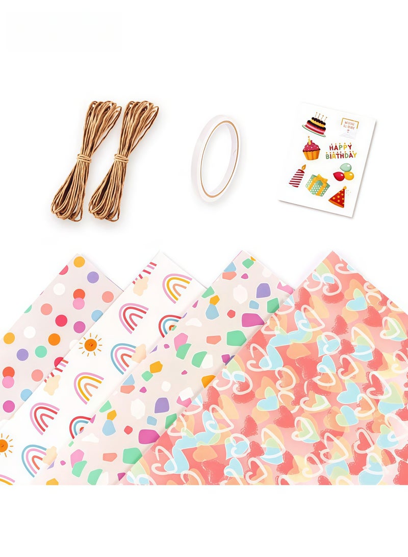 ورق تغليف هدايا، 4 أوراق مطوية، ورق تغليف هدايا بنقاط بولكا قوس قزح على شكل قلوب لأعياد الميلاد، ولحفلات الزفاف، وحفلات استقبال المولود (27.5 × 19.6 بوصة) - Image 1