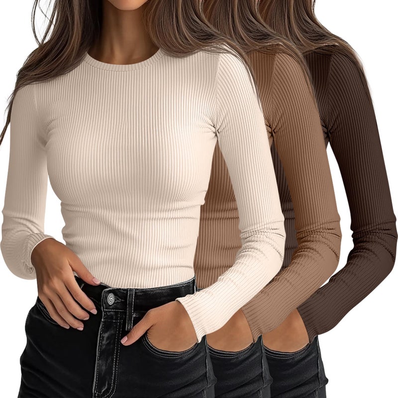 Ficerd 3 Pack Women's Ribbed Long Sleeve Tops, Crew Neck Slim Fit Knit Undershirts Basic Casual Stretch Layering Tee Shirts(Brown, Khaki, Light Beige,X-Large) - Image 1