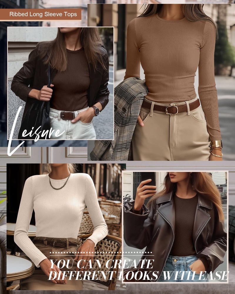 Ficerd 3 Pack Women's Ribbed Long Sleeve Tops, Crew Neck Slim Fit Knit Undershirts Basic Casual Stretch Layering Tee Shirts(Brown, Khaki, Light Beige,X-Large) - Image 4