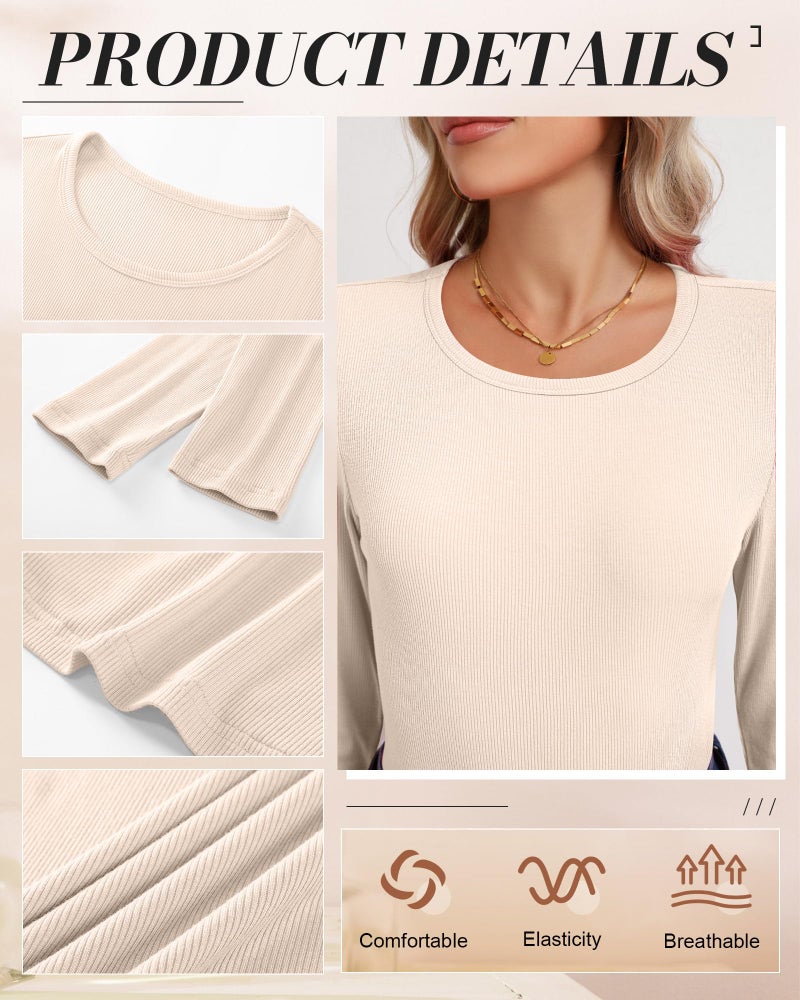 Ficerd 3 Pack Women's Ribbed Long Sleeve Tops, Crew Neck Slim Fit Knit Undershirts Basic Casual Stretch Layering Tee Shirts(Brown, Khaki, Light Beige,X-Large) - Image 5