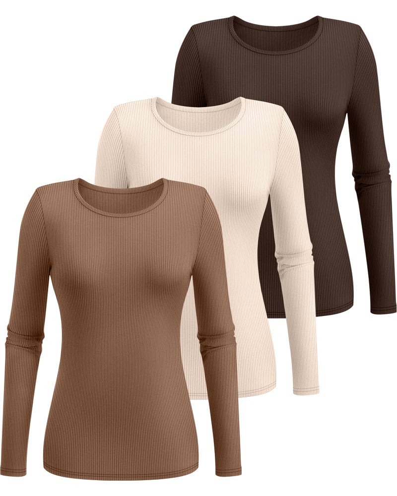 Ficerd 3 Pack Women's Ribbed Long Sleeve Tops, Crew Neck Slim Fit Knit Undershirts Basic Casual Stretch Layering Tee Shirts(Brown, Khaki, Light Beige,X-Large) - Image 3
