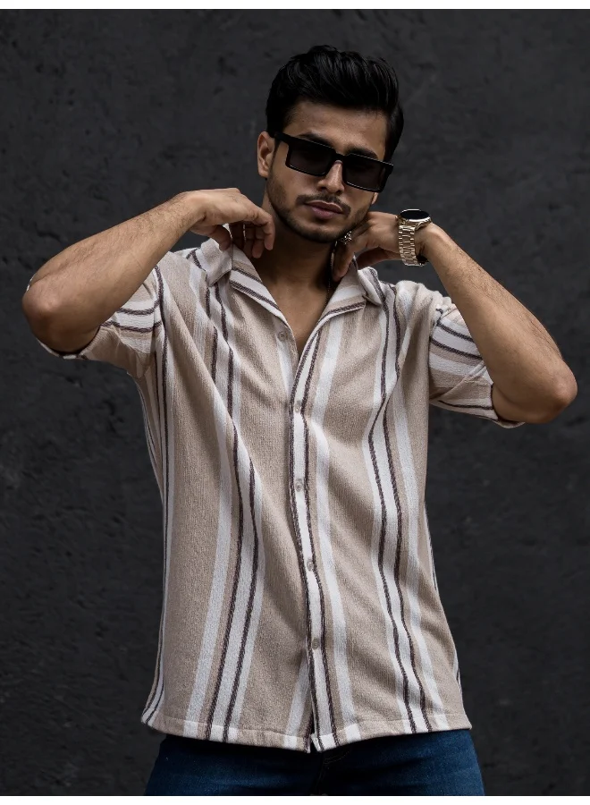 Maniac Maniac Mens Striped Collar Neck Half Sleeve Beige Cotton Oversized Shirt