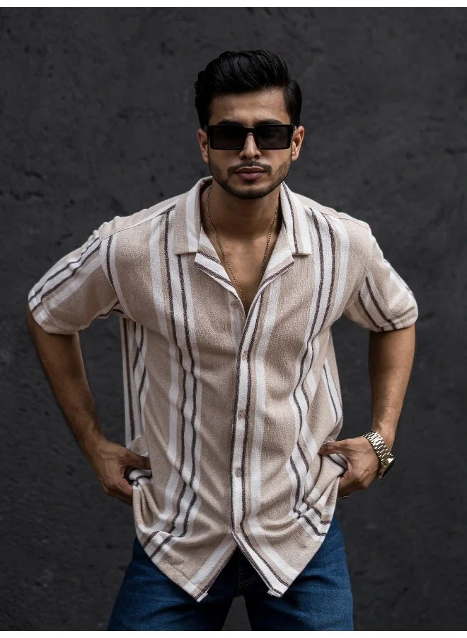 Maniac Maniac Mens Striped Collar Neck Half Sleeve Beige Cotton Oversized Shirt