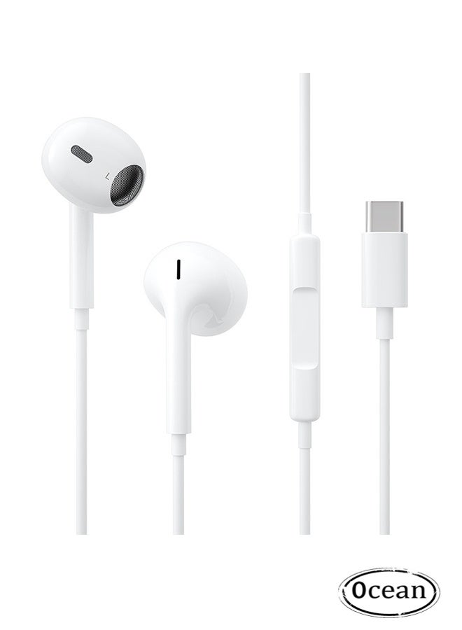 Ocean Type-C Lateral In-Ear Wired Headphone for iPhone 15 16 Pro Max Plus iPad, with Hi-Fi Stereo Microphone and Volume Control Earphone with In-Ear Wire Headphones, White - Image 1