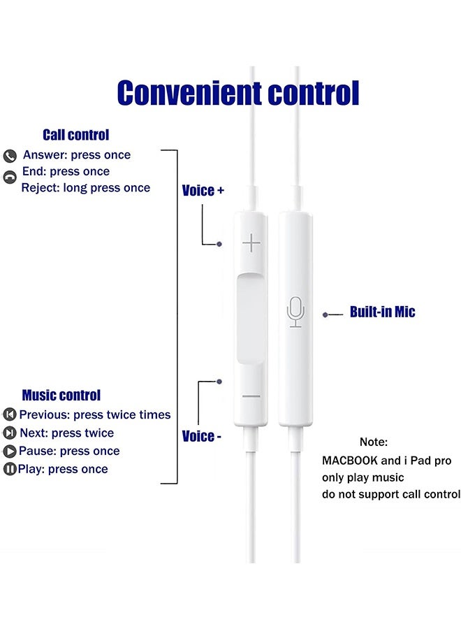 Ocean Type-C Lateral In-Ear Wired Headphone for iPhone 15 16 Pro Max Plus iPad, with Hi-Fi Stereo Microphone and Volume Control Earphone with In-Ear Wire Headphones, White - Image 4