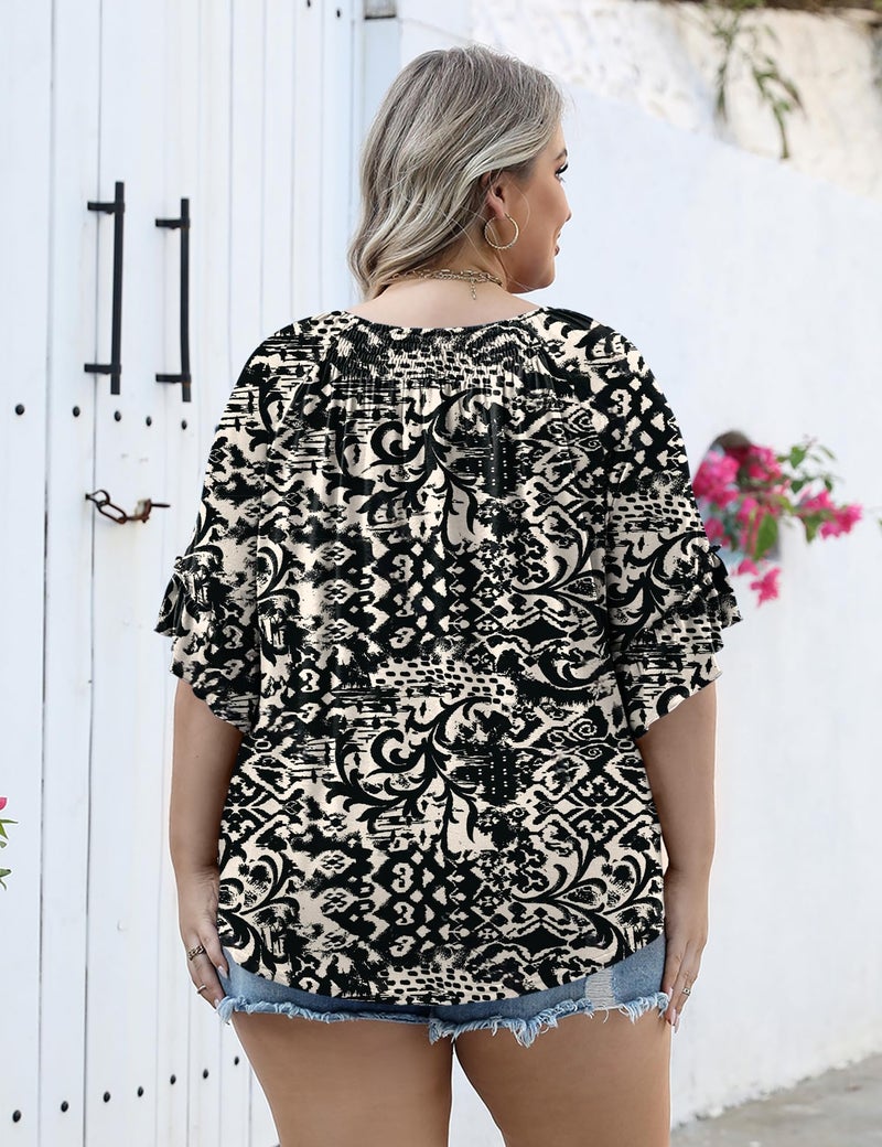 Micoson Plus Size Tops for Women Womens Dressy Ruffle Short Sleeve Crew Neck Blouses Pleated Tunics Ladies To Hide Tummy - Image 2