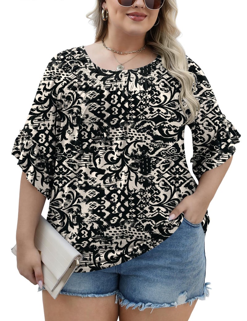 Micoson Plus Size Tops for Women Womens Dressy Ruffle Short Sleeve Crew Neck Blouses Pleated Tunics Ladies To Hide Tummy - Image 4