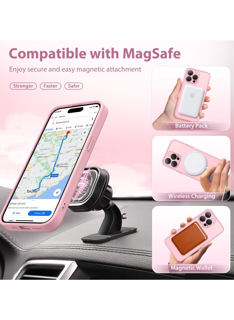 تونجيت جراب هاتف مغناطيسي لجهاز iPhone 15 Pro Max بتصميم حامل غير مرئي دوار بزاوية 360°، هيكل كامل مقاوم للصدمات والسقوط، جراب حماية شفاف عالي المتانة، متوافق تمامًا مع MagSafe، باللون الوردي.  - Image 4