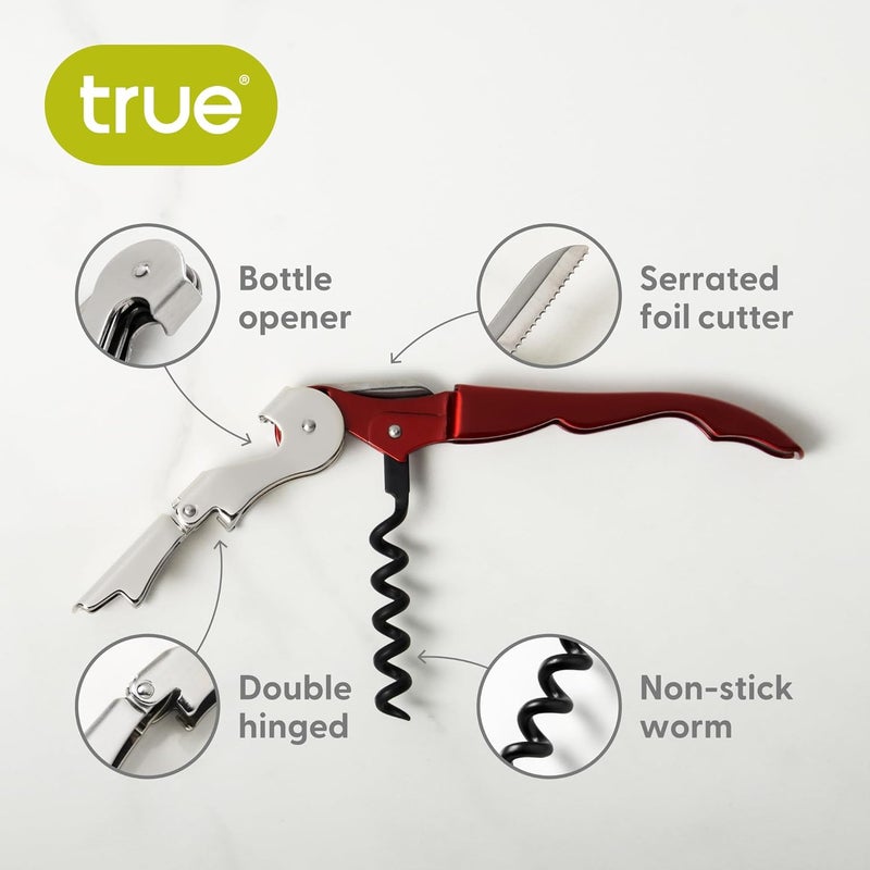 True Brands TrueTap Double Hinged Waiters Corkscrew, Top-notch Stainless Steel Opener with Foil Cutter Built to Last Wine Key Metallic Red, Set of 1 - Image 1