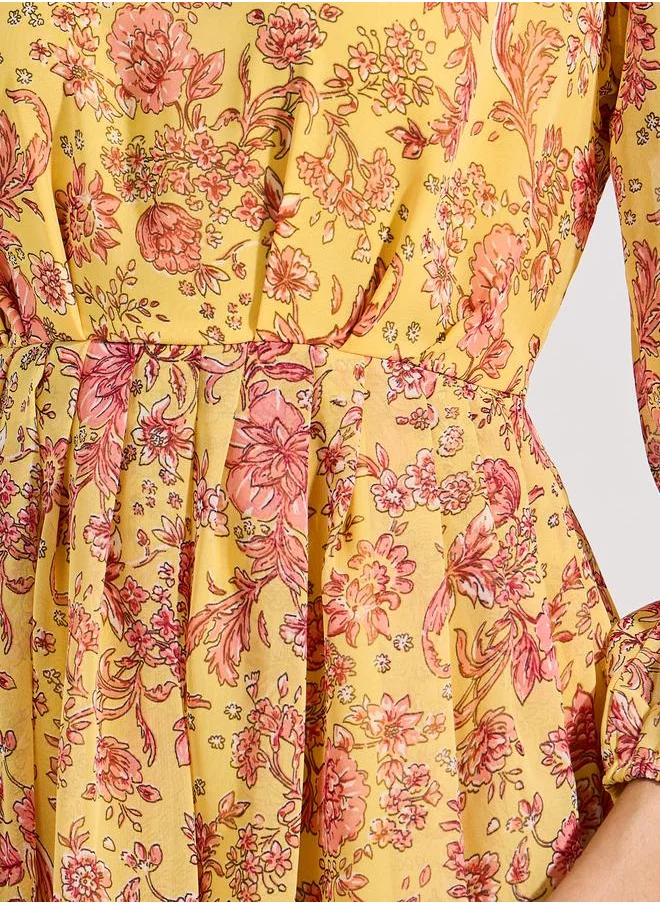 ستايلي Floral Print Tie-Cuff Sleeves A-Line Midi Dress