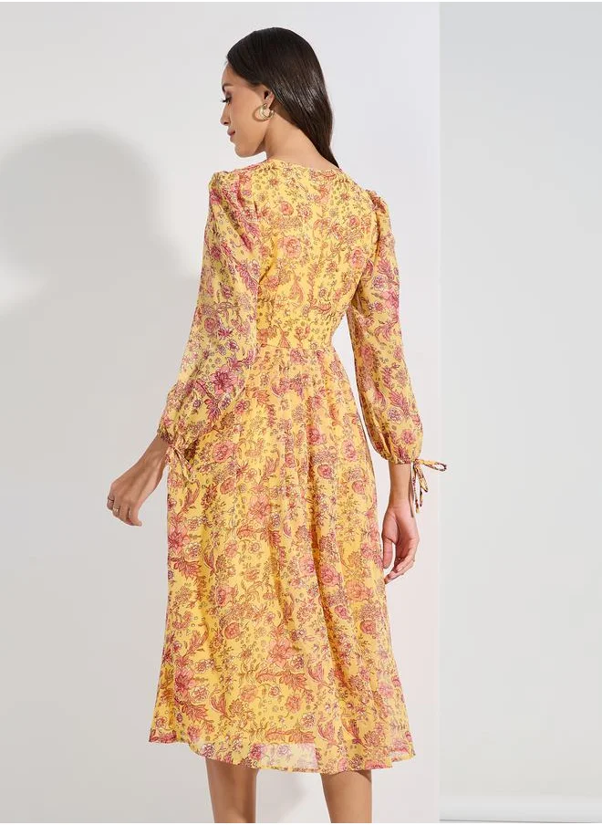 ستايلي Floral Print Tie-Cuff Sleeves A-Line Midi Dress