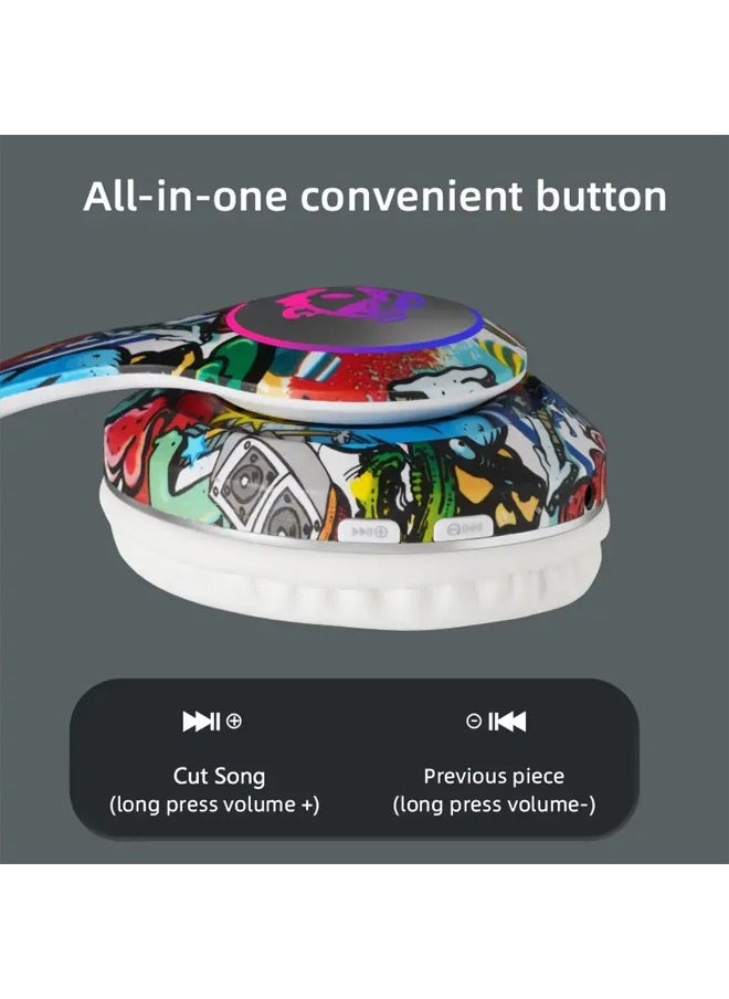 Wireless Foldable Bluetooth Headphones over Ear Cool Graffiti Led Illuminated Gaming Headset Noise Cancelling Headphones with Built-in Microphone for Phone Computer, Scalable Music Headphone Gift for