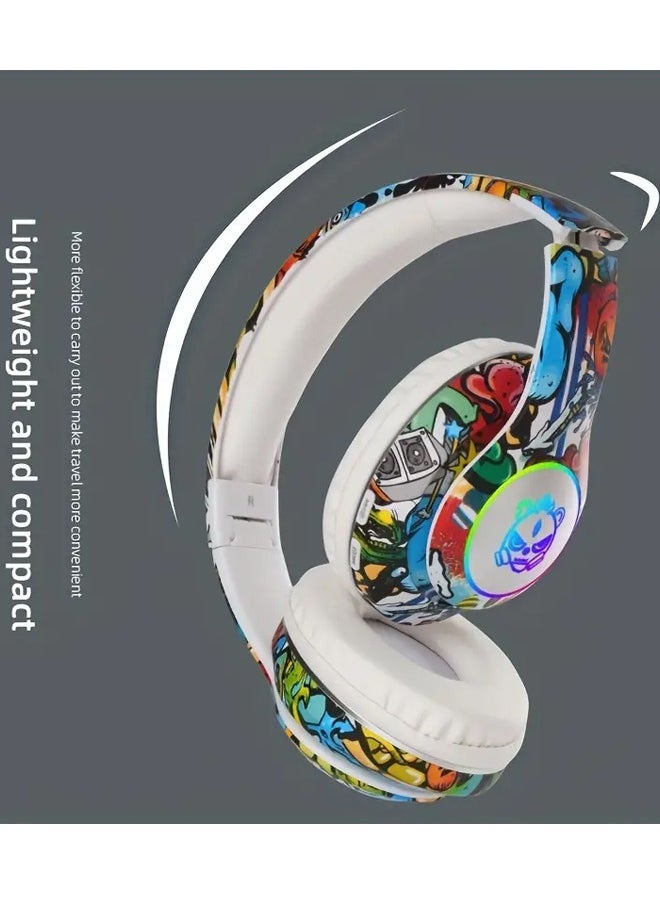 Wireless Foldable Bluetooth Headphones over Ear Cool Graffiti Led Illuminated Gaming Headset Noise Cancelling Headphones with Built-in Microphone for Phone Computer, Scalable Music Headphone Gift for